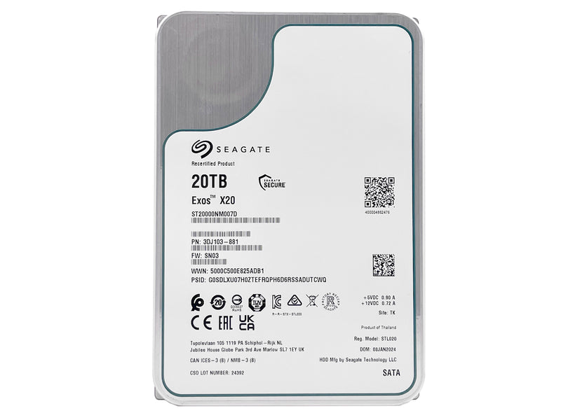 Seagate Exos X20 ST20000NM007D 20TB 7200RPM SATA 6Gb/s 256MB Cache CMR 3.5-Inch Enterprise Hard Drive (Certified Refurbished) - 5 Year Warranty