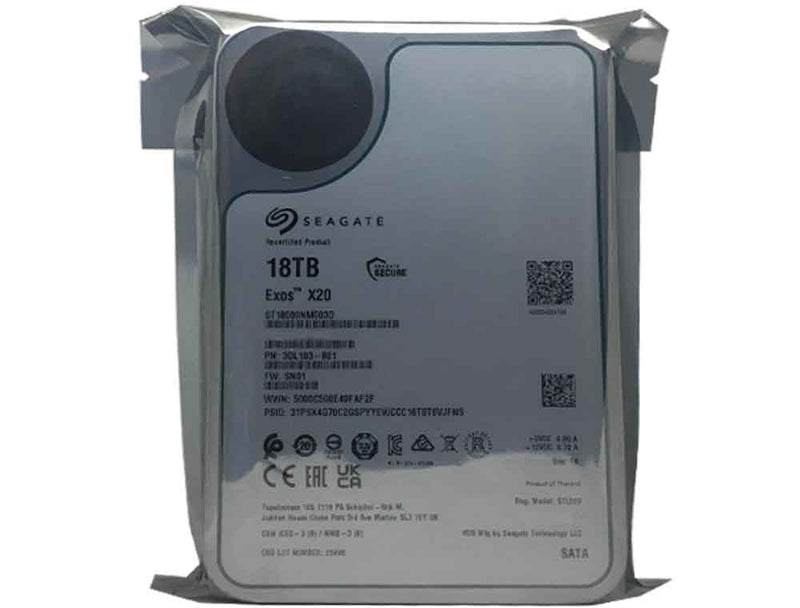 Seagate Exos X20 ST18000NM003D 18TB 7200RPM SATA 6Gb/s 256MB Cache CMR 3.5-Inch Enterprise Hard Drive (Factory Refurbished) - 2 Year Warranty