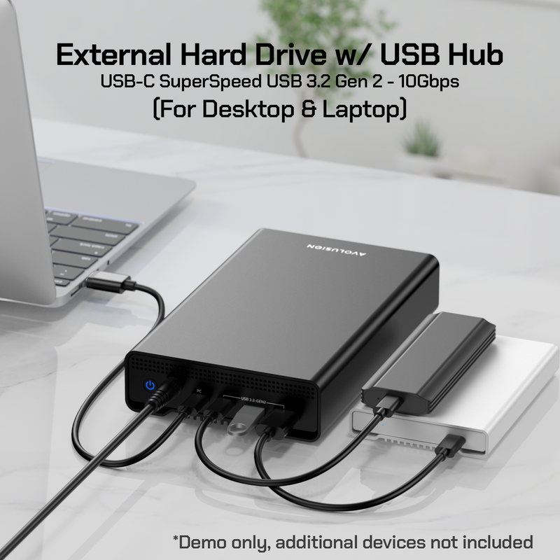 Avolusion PRO-G1 Series USB 3.2 Gen 2 USB-C External Hard Drive with USB Hub for Windows or MacOS Desktop PC / Laptop (Black) - 2 Year Warranty