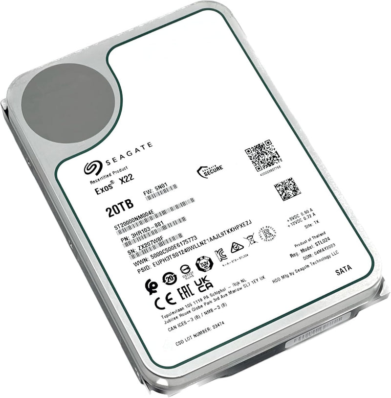 Seagate Exos X22 ST20000NM004E 20TB 7200RPM SATA 6Gb/s 256MB Cache CMR 3.5-Inch Enterprise Hard Drive (Certified Refurbished) - 5 Year Warranty