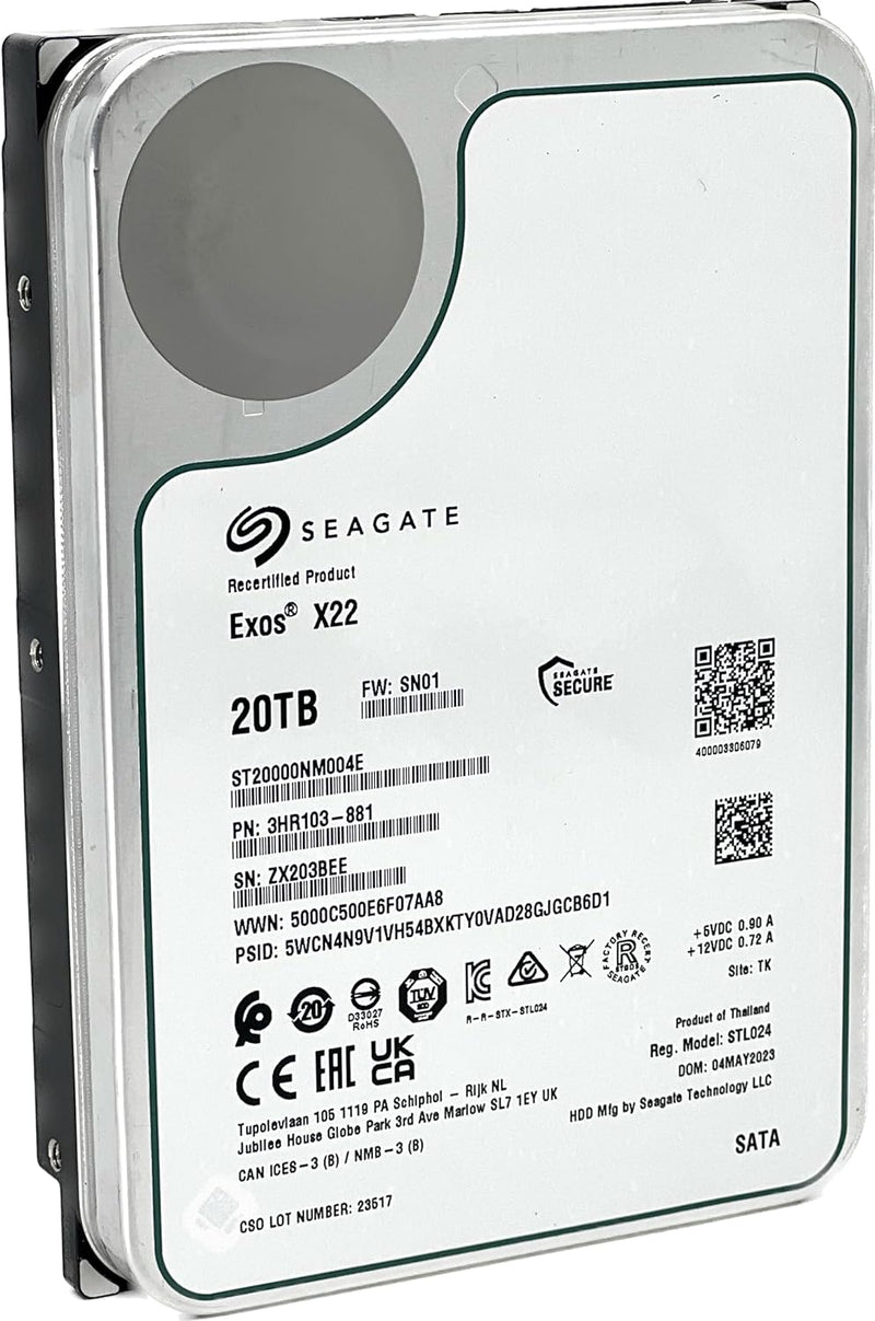 Seagate Exos X22 ST20000NM004E 20TB 7200RPM SATA 6Gb/s 256MB Cache CMR 3.5-Inch Enterprise Hard Drive (Certified Refurbished) - 5 Year Warranty